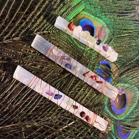 7 Chakra Stone Wire Wrapped Raw Selenite Wands